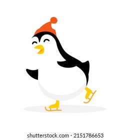 Penguin ice skating on a skating rink. Mascot cartoon vector illustration.