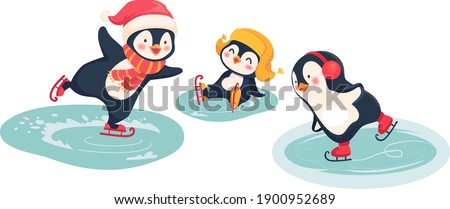 Penguin ice skating outdoor. Sport and leisure concept illustration