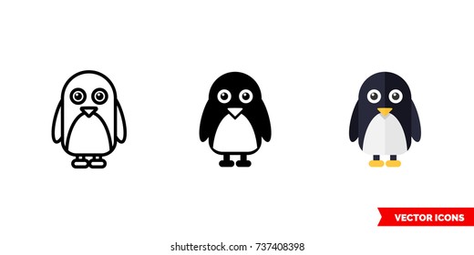 Penguin icon of 3 types: color, black and white, outline. Isolated vector sign symbol.