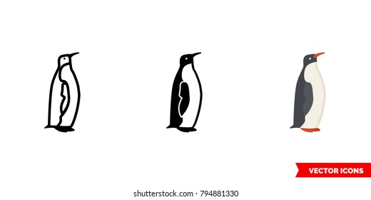 Icono de pingüino de 3 tipos: color, blanco y negro, contorno. Símbolo vectorial aislado.