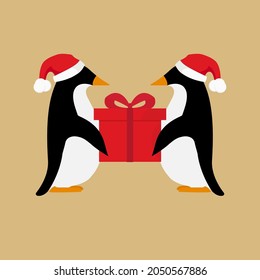 penguin icon in christmas hat, arctic animal, vector illustration