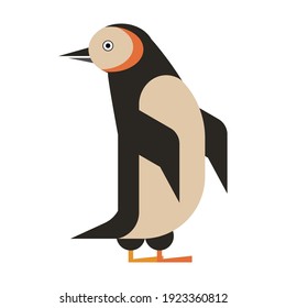 Penguin icon in geometric flat style. Aquatic flightless bird with dark and white plumage and flippers for swimming. Popular swimming seabird designed with simple shapes.