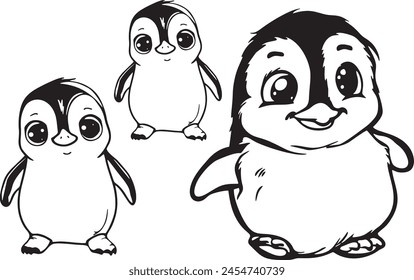  penguin icon happy cute cartoon style coloring book for kids, thick line, white and black 