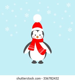 Penguin icon on the blue background. Vector illustration.