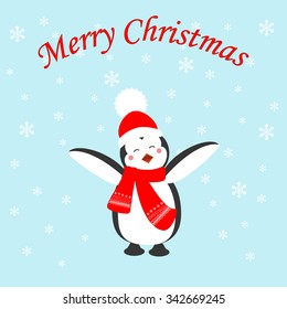 Penguin icon on the blue background. Vector illustration.