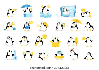 Penguin icon pack for your store. Mascot cartoon vector illustration.