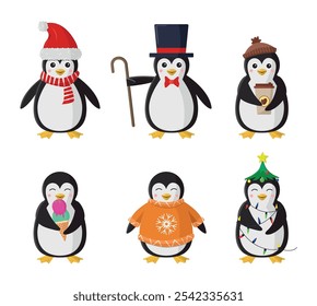 Penguin icon set. Cute collection of cartoon penguins in clothes or with objects. Vector.