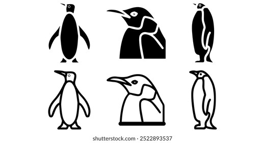 Conjunto de ícones Pinguim. Silhueta de pinguim. Ícone de linha de desenho de pinguim de desenho animado. Conjunto de ícones de animais bonitos.