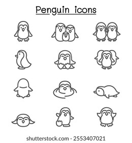 Penguin icon set in thin line style