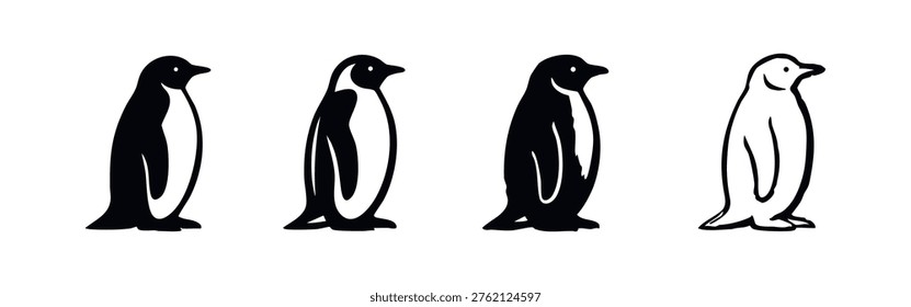Penguin icon set (version 1). Antarctic bird simple flat and line art vector illustration.