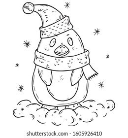 Penguin icon. Vector illustration of a penguin in a hat and scarf. Hand drawn  children's soft toy penguin.