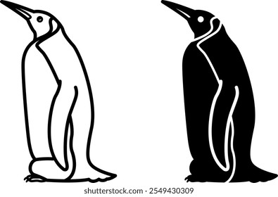 Penguin Icons. Black and White Vector Illustration. Mammal, Flightless Seabird. For Coloring Book Design. Animal Concept