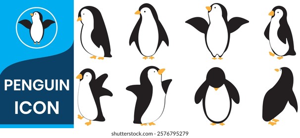 Penguin icons set, cartoon style. Polar animal. Penguin vector illustration. Cute Kawaii Penguin Cartoon set.