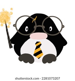 Penguin illustration. Cute penguin as Harry Potter. Penguin in glasses with a magic stick.