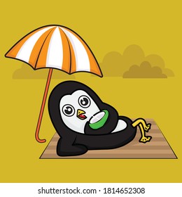 Penguin illustration design relaxing under an umbrella and drinking coconut water, perfect for wallpapers, babies, products, etc.