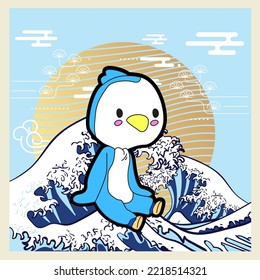 penguin illustration with japanese style for kaijune event, notebook, logo