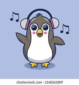 Penguin illustration. Illustration of penguin using headphone in cartoon style. Penguin music vector design. Cute penguin with earphone