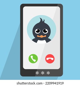 Penguin incoming phone call, winter vector illustration