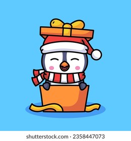 Penguin Inside Gift Box Cartoon, Mascot Character Illustration, 