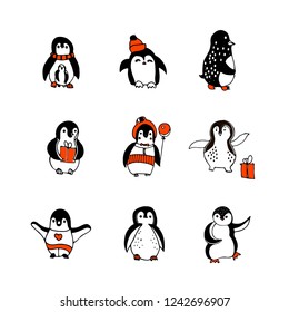 Penguin isolated hand drawn illustration.Vector set of different penguins with ballon,gif.Cartoon animals for kids.Penguins congratulate wich christmas and new year.