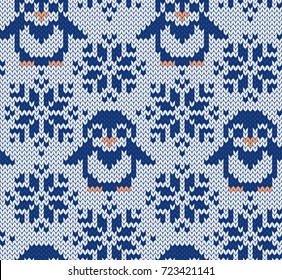 Penguin jacquard knitted seamless pattern. Winter background with cute animals. Northern style. Vector illustration.