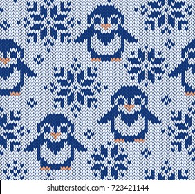 Penguin jacquard knitted seamless pattern. Winter light background with cute animals. Northern style. Vector illustration.