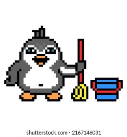 Penguin Janitor With A Mop And Bucket Cleaning A Floor, Pixel Art Animal Character On White Background. Retro 80s, 90s 8 Bit Slot Machine, Video Game Graphics. Cartoon Sweeper Mascot. Housework Logo.