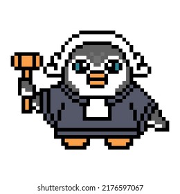 Penguin judge in a robe, collar and wig holding a gavel, pixel art animal character on white background. Retro 80s-90s 8 bit slot machine, video game graphics. Cartoon court mascot. Justice symbol.