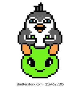 Penguin Jumping On A Green Alien Space Hopper Ball, Pixel Art Animal Character Isolated On White Background. Retro 80s, 90s 8 Bit Slot Machine, Video Game Graphics. Cartoon Fitness Child Mascot.