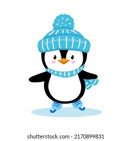 Penguin kid in hat and scarf skates on ice in winter. Cute penguin skater isolated on white background. Childish vector character.