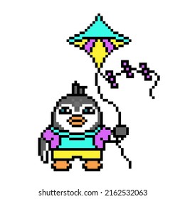 Penguin with a kite, pixel art animal character isolated on white background. Old school retro 80's-90's 8 bit slot machine, video game graphics. Cartoon toy shop mascot. Summer fun. Outdoor activity.
