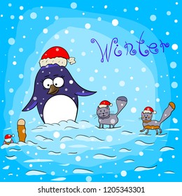 Penguin with kittens for Christmas on a background of snow .Vector.