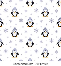 Penguin in a knitted hat. Snowfall. Seamless vector illustration on a white background. Flat design style. Swatch inside