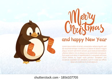 Penguin with knitted socks, Christmas and New Year banner. Knitwear and Arctic bird, winter holiday greeting. Polar animal and warm clothes vector