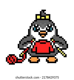 Penguin knitting a sweater with two needles and a ball of yarn, pixel art animal character on white background. Retro 80s, 90s 8 bit slot machine, video game graphics. Cartoon handmade hobby mascot.