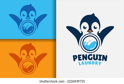 Penguin Laundry Logo Design. Cute Stylish Penguin Combined with Laundry Wash Machine Element. 