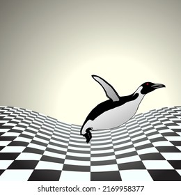 A penguin leap out of a wave in a surreal landscape. Vector illustration.