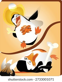 A penguin lies down and pretends to be dead, while another one watches him.
