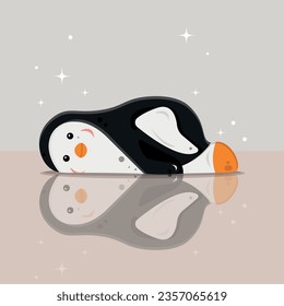 The penguin lies and its reflection is visible. Pastel shades. Vector illustration EPS10
