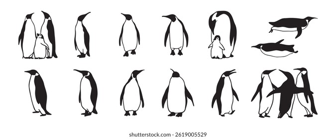 pinguin logotipo doodle desenhado à mão ícone set. Coleção de símbolos de clipart de linha de pinguim de desenho de contorno. Ilustração vetorial