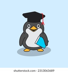 Penguin logo. penguin using scholar cap icon. Flat cute and funny penguin cartoon for kids education and children and shirt design