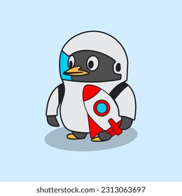 Logo del pingüino,.pingüino usando icono del traje de astronauta. Dibujo de pingüino liso y gracioso para niños, educación y diseño de camisas y niños