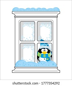 Penguin looks from fozen window
