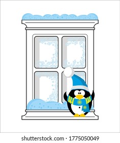 Penguin looks from fozen winter window
