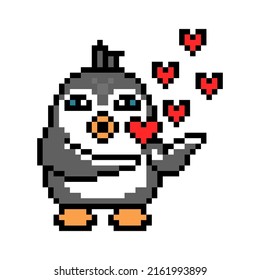 Penguin In Love Blowing An Air Kiss, Pixel Art Animal Character Isolated On White Background. Vintage Retro 80's-90's 8 Bit Slot Machine, Video Game Graphics. Romantic Valentine's Day Cartoon Mascot.