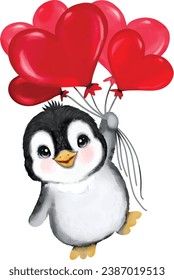 Penguin in Love cute little penguin holding bundle of red balloons in the shape of heart for Valentine's day or anniversary 