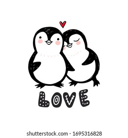 Penguin love illustration. Doodle cute animals. Vector characters. Can be used for kids or babies t-shirt design, room decoration.