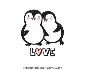 Penguin love illustration. Doodle cute animals. Vector characters. Can be used for kids or babies t-shirt design, room decoration.