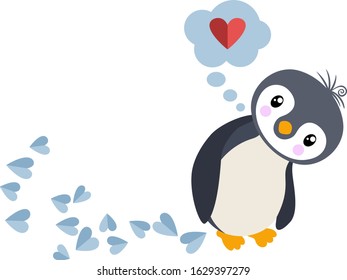 Penguin in love and thought bubble with heart