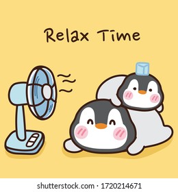 Penguin lying with fan hand drawn background.Cute cartoon character design.Animal doodle.Holiday.Relax time writing.Kawaii.Kid graphic.Image for card,sticker,poster,banner.Vector.Illustration.